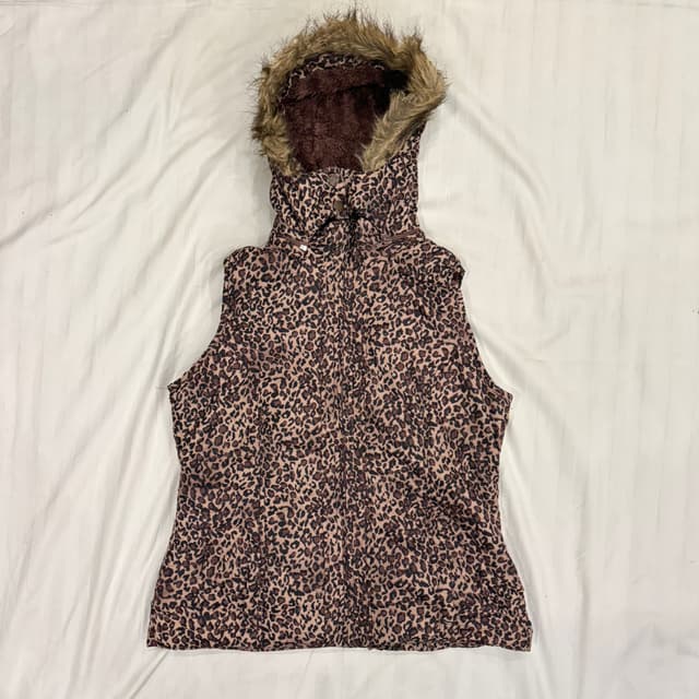 YMI Leopard Print Puffer Vest with Removable Faux Fur Hood size (L)
