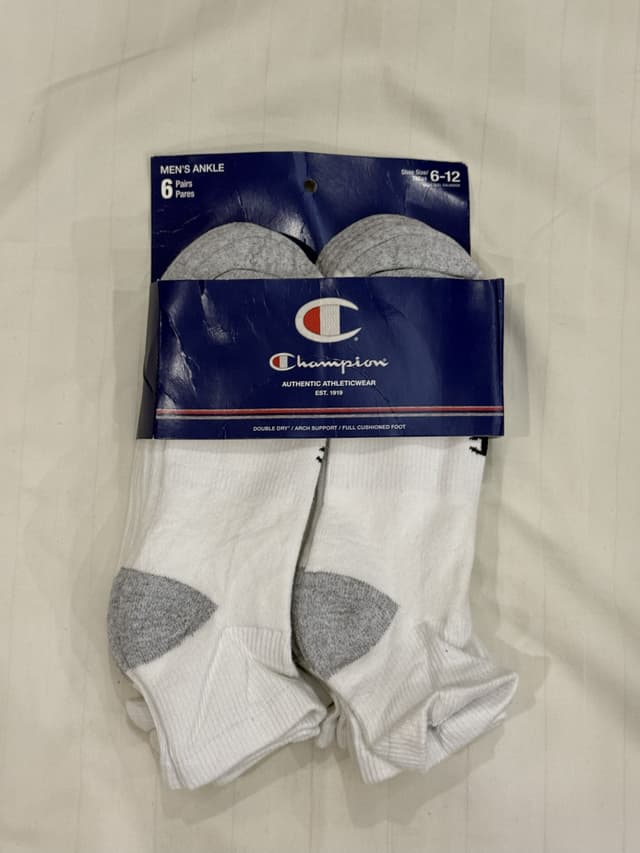Champion Men’s 6-Pack Double Dry Ankle Socks (White/Gray, Size 6-12)